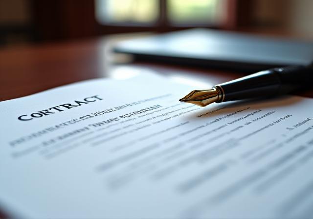 Close up of a signed legal document on a wooden desk